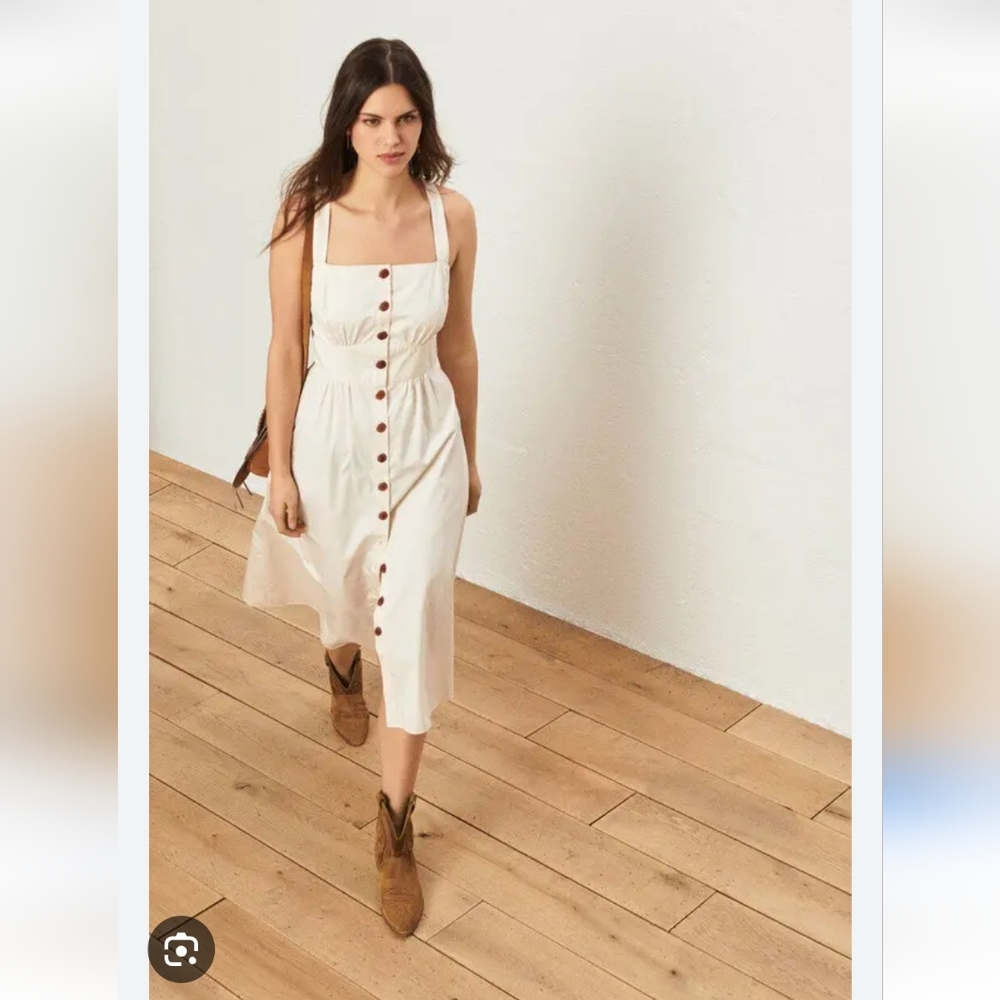 ba&sh Cybelle Ecru Cotton Midi Sundress Button Front Summer Dress XS